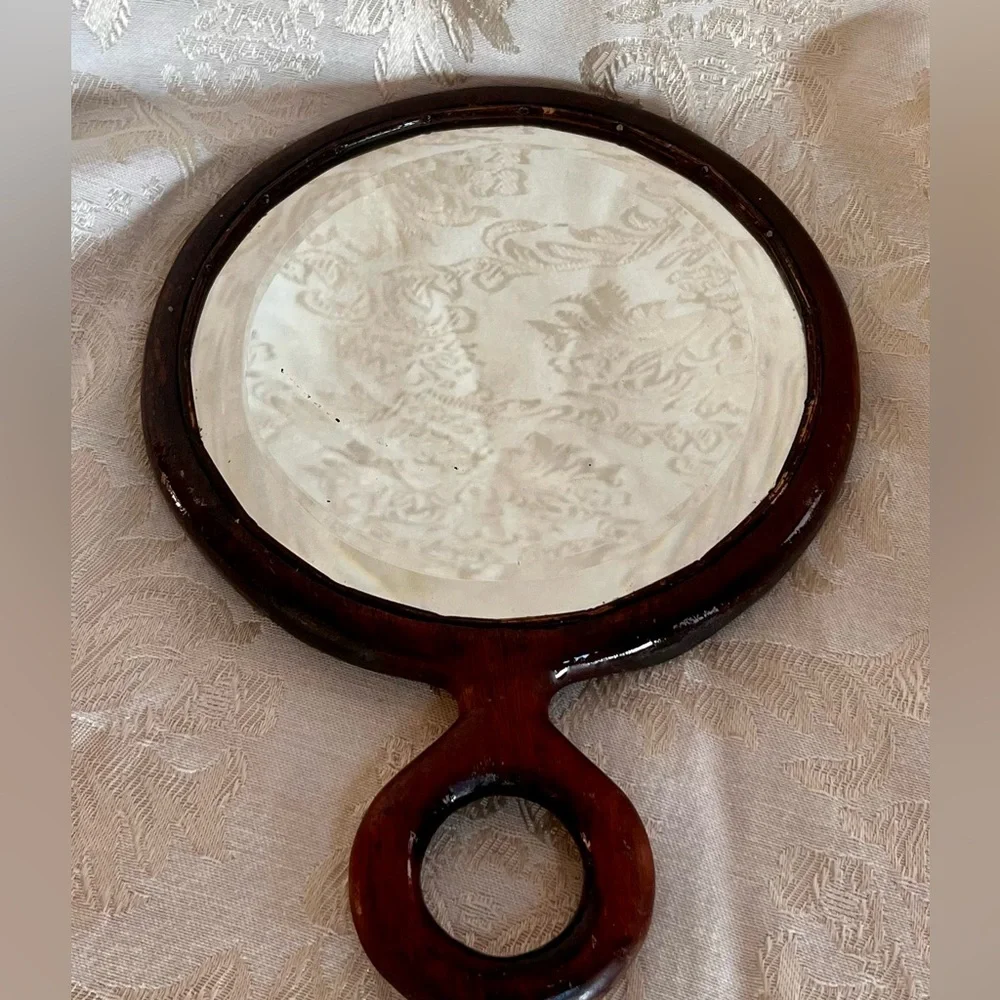 Antique Japanese Kamakura Bori Hand Carved Wood Mirror - Meiji Lotus Lacquerware